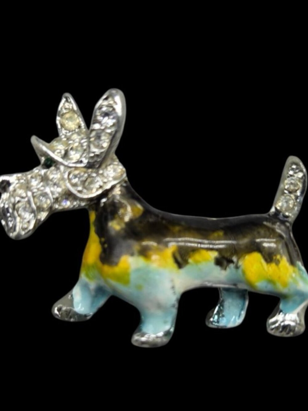Vtg Scottie Dog Brooch Multi-Color Enamel Rhinestone Scottish Terrier Drop Glaze - Picture 2 of 7